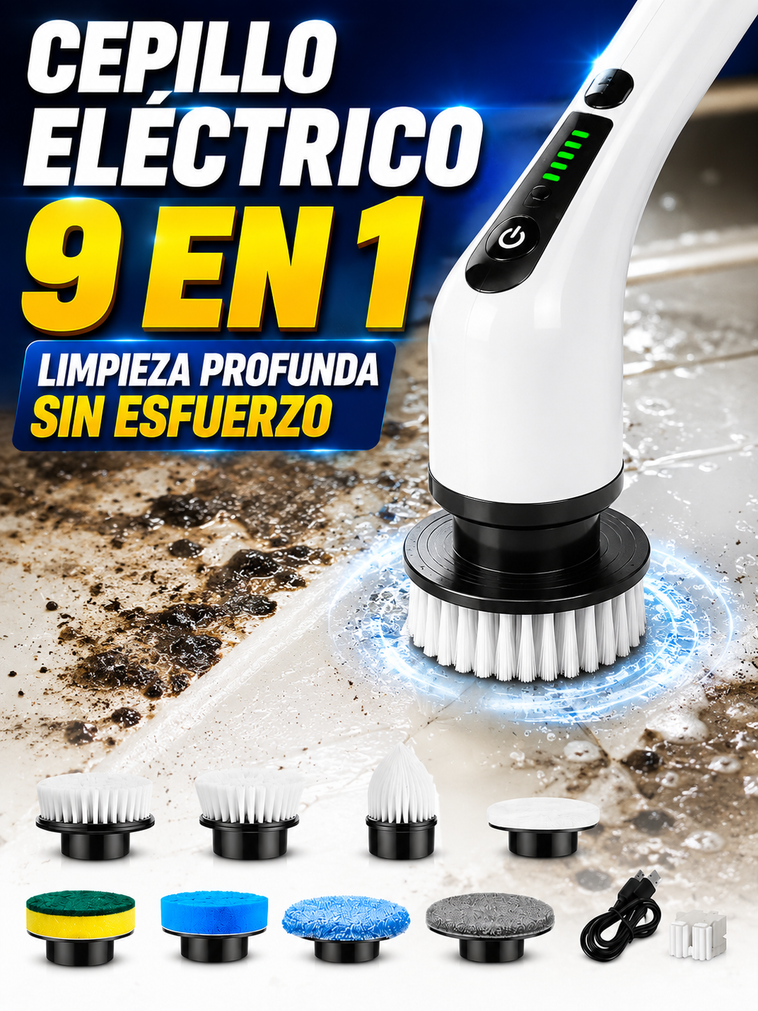 CEPILLO ELÉCTRICO 9 EN 1 LIMPIEZA PROFUNDA SIN ESFUERZO
